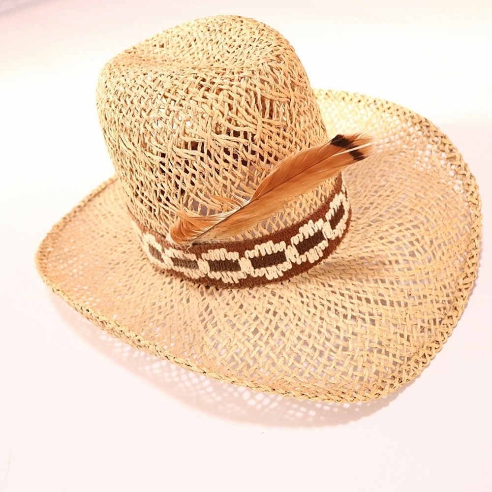 Vintage Bailey U Rollit Cowboy Hat Straw Western Rodeo With Feather accent - Picture 2 of 5